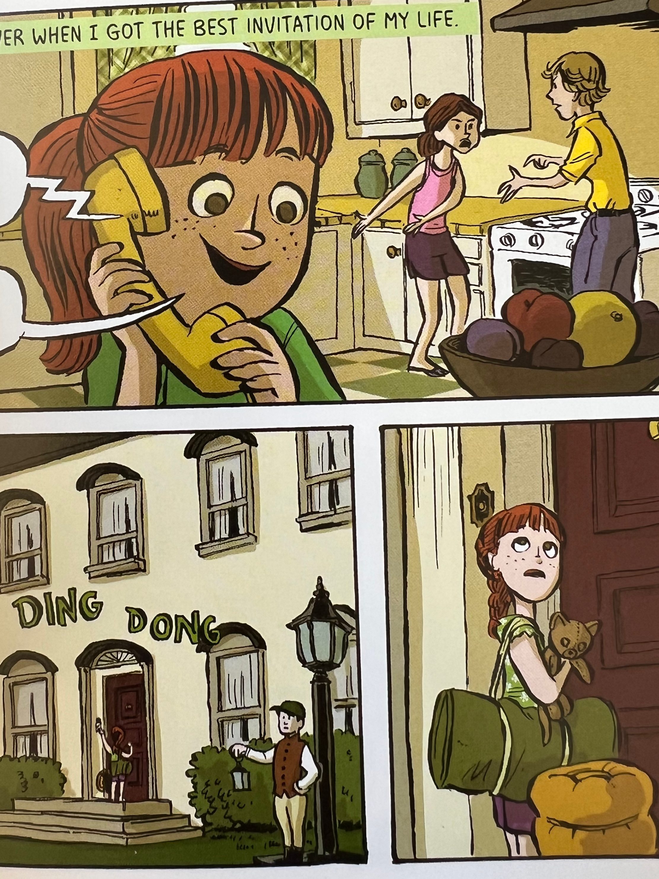 Top panel: Young Shannon gets a phone call from a friend inviting her to spend the week at their cabin on Bear Lake. Bottom panels: She arrives at friend's house and rings the doorbell. She is intimidated by the size and wealth of the house.