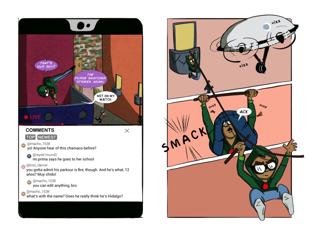 Left page shows an illustration of a smart phone with a live stream of a young hero pursuing a thief. The right page shows the hero sliding down a clothes line in three horizontal panels.