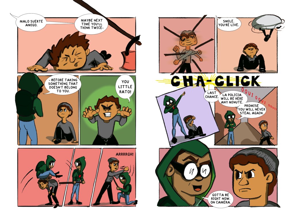 Comic panels across two pages that depict a thief and a young boy thwarting the thief.