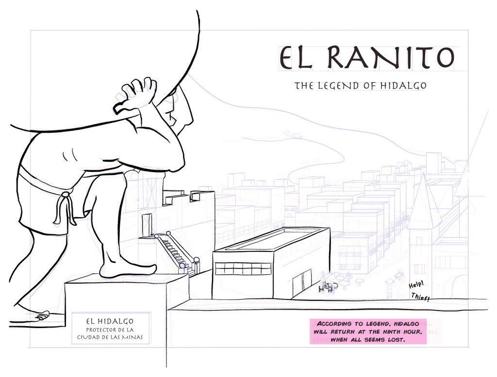 An illustration of a city with a statue in the foreground. The illustration spreads across two pages.